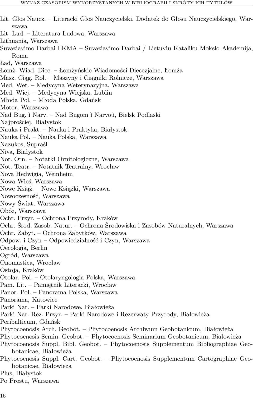 Łomżyńskie Wiadomości Diecezjalne, Łomża Masz. Ciąg. Rol. Maszyny i Ciągniki Rolnicze, Warszawa Med. Wet. Medycyna Weterynaryjna, Warszawa Med. Wiej. Medycyna Wiejska, Lublin Młoda Pol.