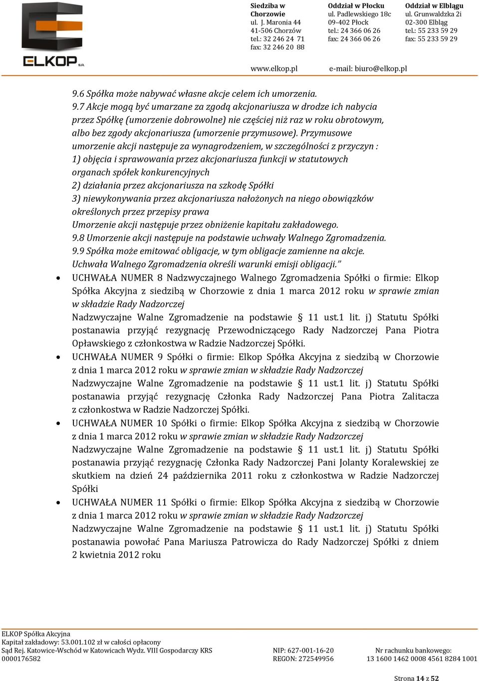 Przymusowe umorzenie akcji następuje za wynagrodzeniem, w szczególności z przyczyn : 1) objęcia i sprawowania przez akcjonariusza funkcji w statutowych organach spółek konkurencyjnych 2) działania