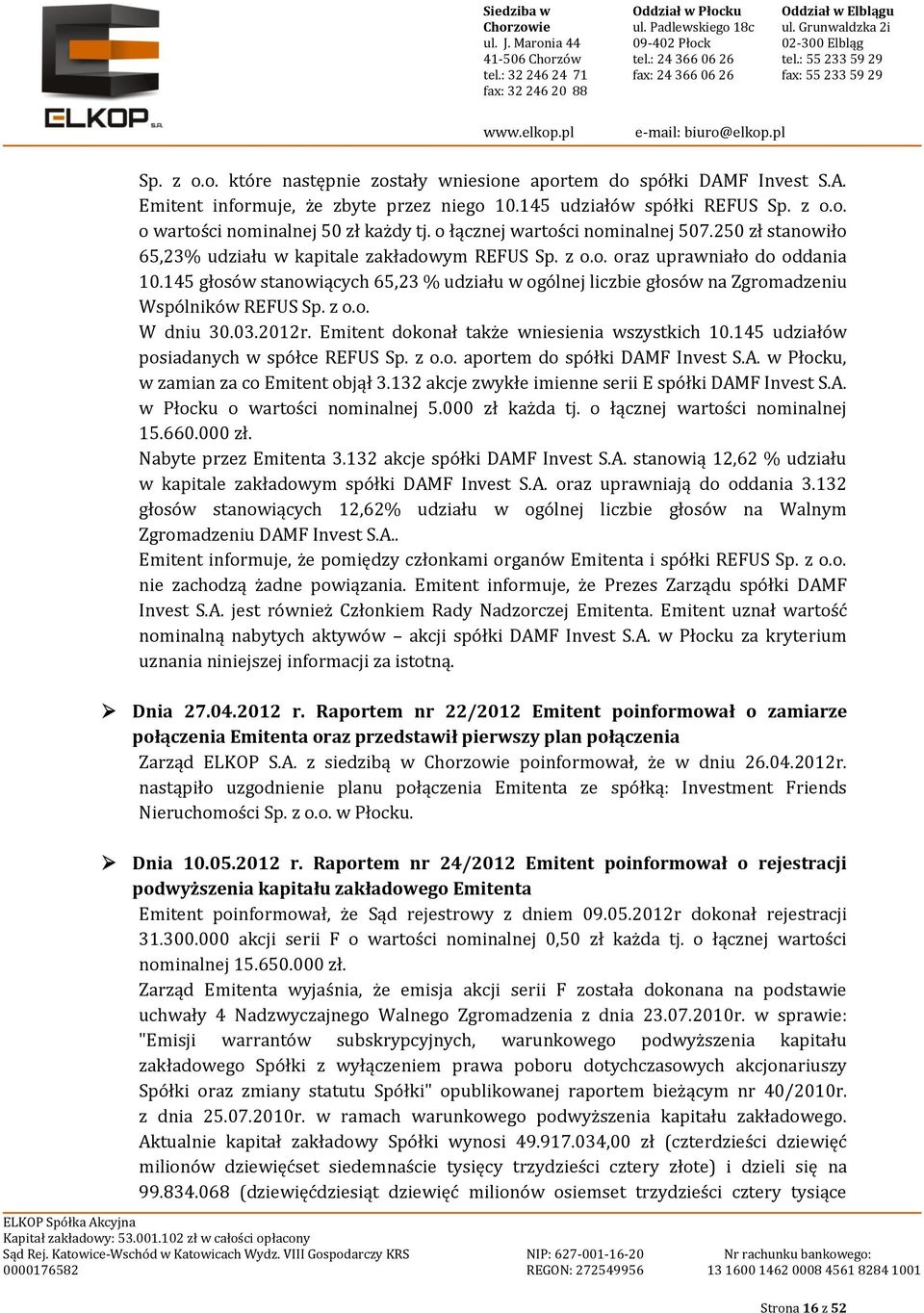 145 głosów stanowiących 65,23 % udziału w ogólnej liczbie głosów na Zgromadzeniu Wspólników REFUS Sp. z o.o. W dniu 30.03.2012r. Emitent dokonał także wniesienia wszystkich 10.