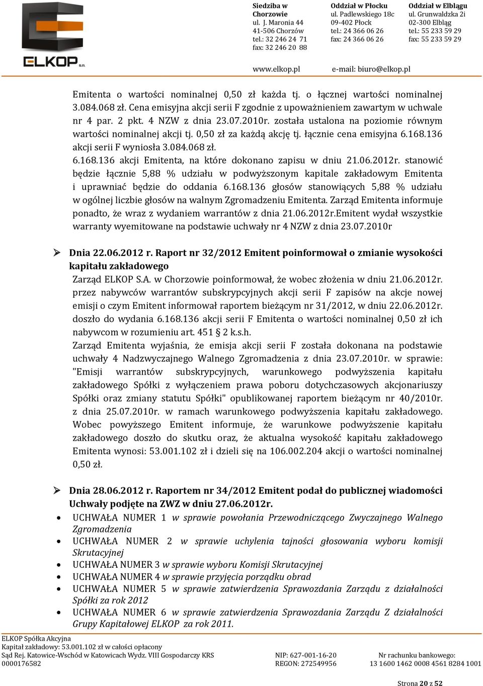 06.2012r. stanowić będzie łącznie 5,88 % udziału w podwyższonym kapitale zakładowym Emitenta i uprawniać będzie do oddania 6.168.