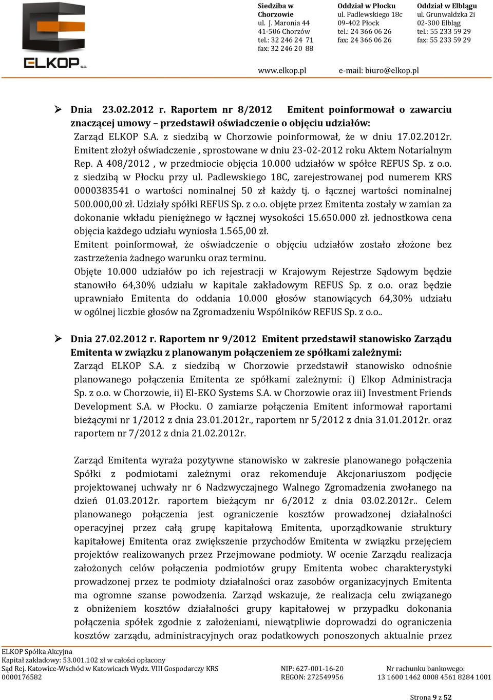 Padlewskiego 18C, zarejestrowanej pod numerem KRS 0000383541 o wartości nominalnej 50 zł każdy tj. o łącznej wartości nominalnej 500.000,00 zł. Udziały spółki REFUS Sp. z o.o. objęte przez Emitenta zostały w zamian za dokonanie wkładu pieniężnego w łącznej wysokości 15.