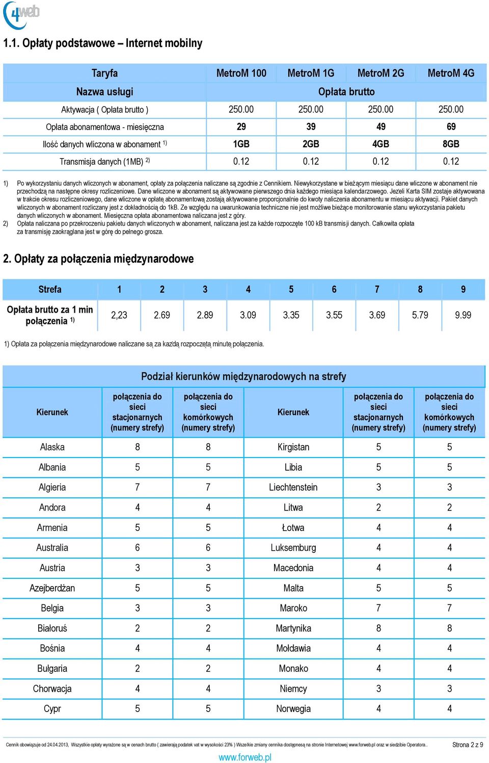 12 0.12 0.12 1) Po wykorzystaniu danych wliczonych w abonament, opłaty za połączenia naliczane są zgodnie z Cennikiem.