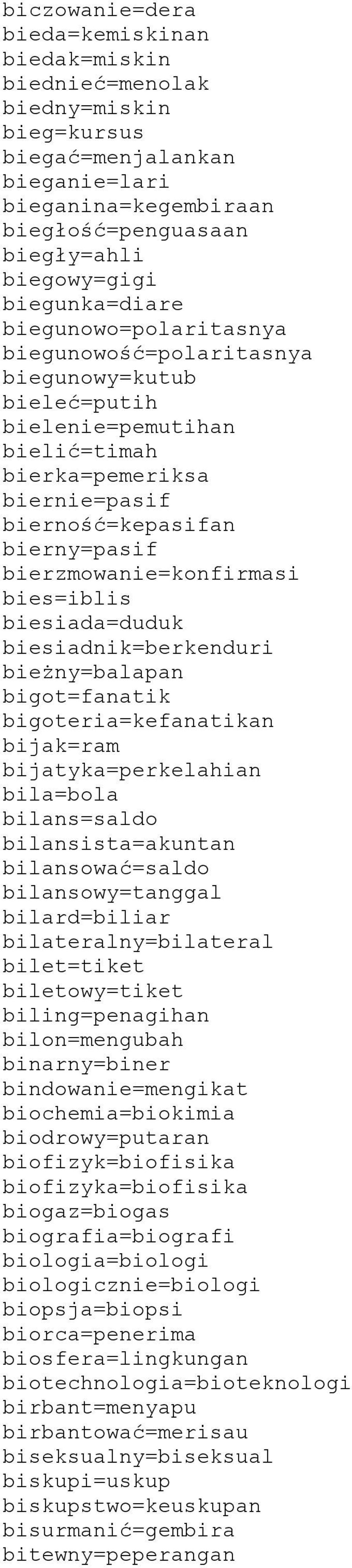 bierzmowanie=konfirmasi bies=iblis biesiada=duduk biesiadnik=berkenduri bieżny=balapan bigot=fanatik bigoteria=kefanatikan bijak=ram bijatyka=perkelahian bila=bola bilans=saldo bilansista=akuntan