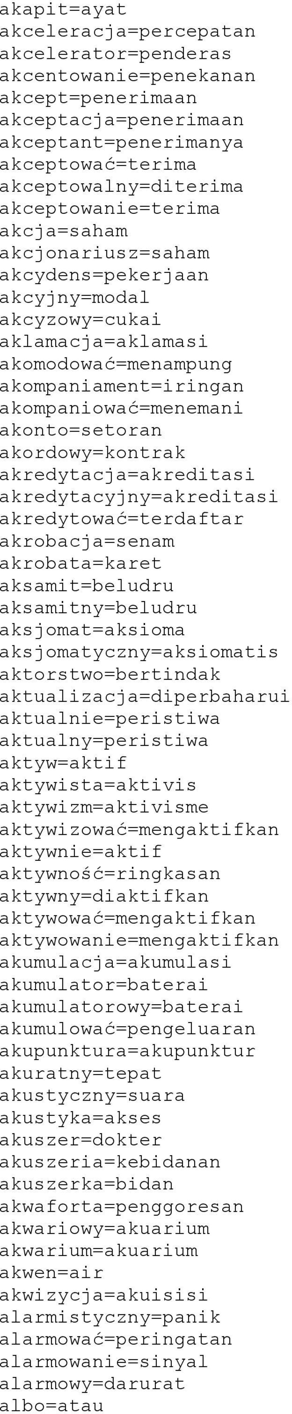 akordowy=kontrak akredytacja=akreditasi akredytacyjny=akreditasi akredytować=terdaftar akrobacja=senam akrobata=karet aksamit=beludru aksamitny=beludru aksjomat=aksioma aksjomatyczny=aksiomatis