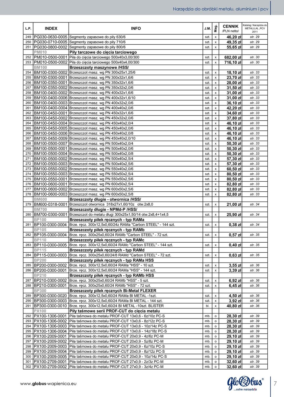 29 PM010 Piły tarczowe do ci cia tarciowego 252 PM010-0500-0001 Piła do ci cia tarciowego 500x40x3,00/300 szt. x 682,00 zł str. 30 253 PM010-0500-0002 Piła do ci cia tarciowego 500x40x4,00/300 szt.