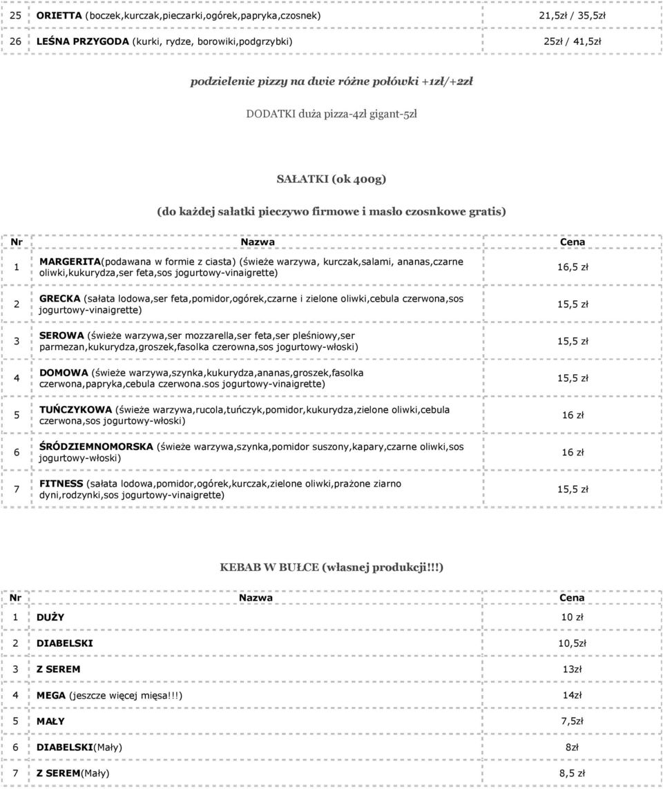 ananas,czarne oliwki,kukurydza,ser feta,sos jogurtowy-vinaigrette) GRECKA (sałata lodowa,ser feta,pomidor,ogórek,czarne i zielone oliwki,cebula czerwona,sos jogurtowy-vinaigrette) SEROWA (świeże