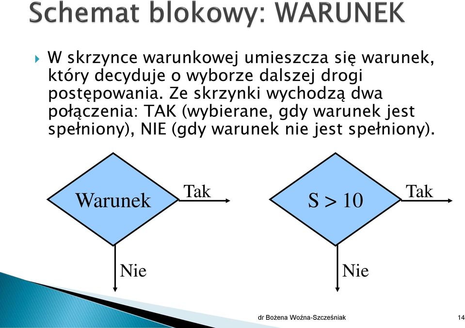 Ze skrzynki wychodzą dwa połączenia: TAK (wybierane, gdy warunek jest