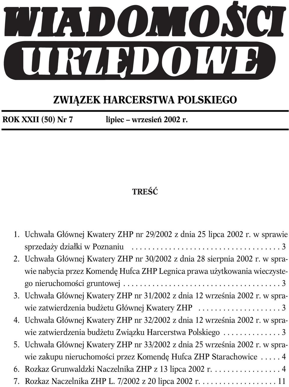 Uchwała Głównej Kwatery ZHP nr 31/2002 z dnia 12 września 2002 r. w sprawie zatwierdzenia budżetu Głównej Kwatery ZHP.................... 3 04.