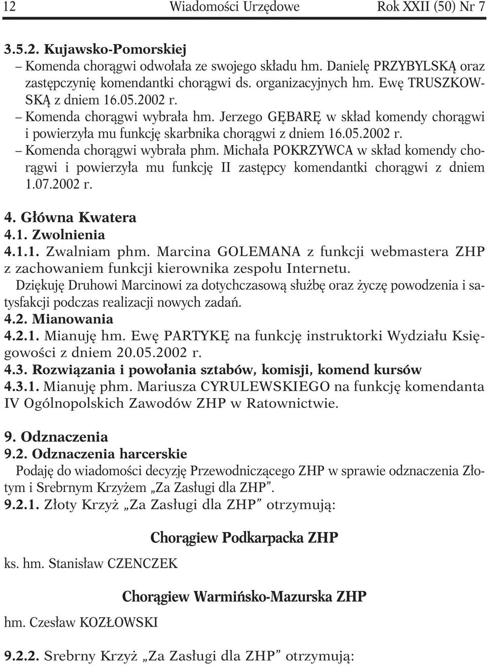 Michała POKRZYWCA w skład komendy chorągwi i powierzyła mu funkcję II zastępcy komendantki chorągwi z dniem 1.07.2002 r. 4. Główna Kwatera 4.1. Zwolnienia 4.1.1. Zwalniam phm.