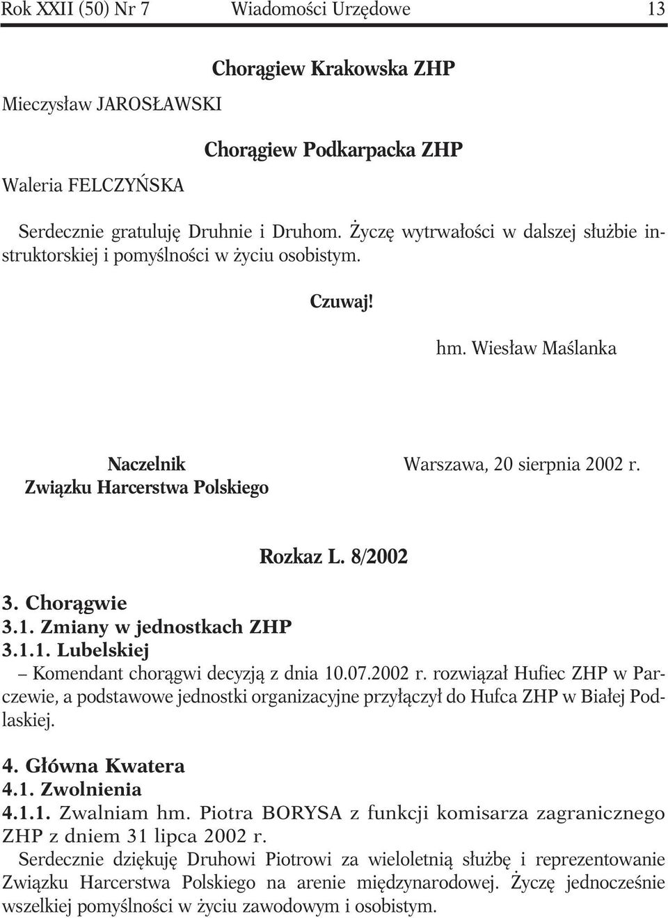 8/2002 3. Chorągwie 3.1. Zmiany w jednostkach ZHP 3.1.1. Lubelskiej Komendant chorągwi decyzją z dnia 10.07.2002 r.