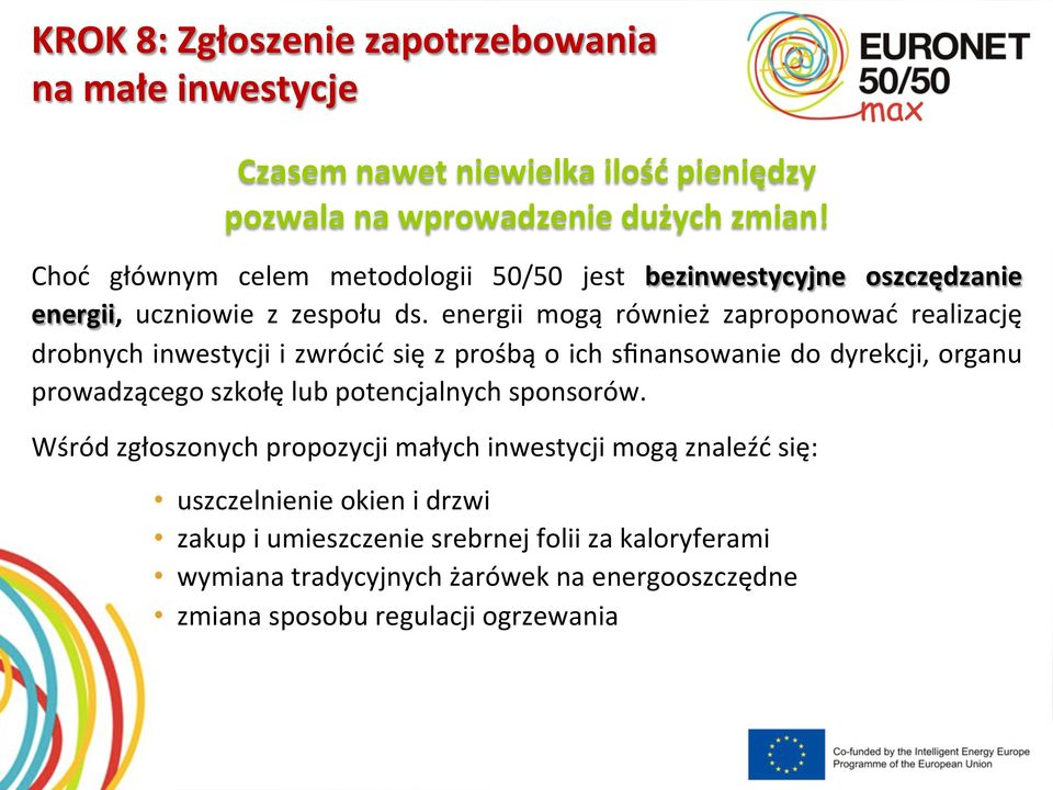 energii mogą również zaproponować realizację drobnych inwestycji i zwrócić się z prośbą o ich sfinansowanie do dyrekcji, organu prowadzącego szkołę lub