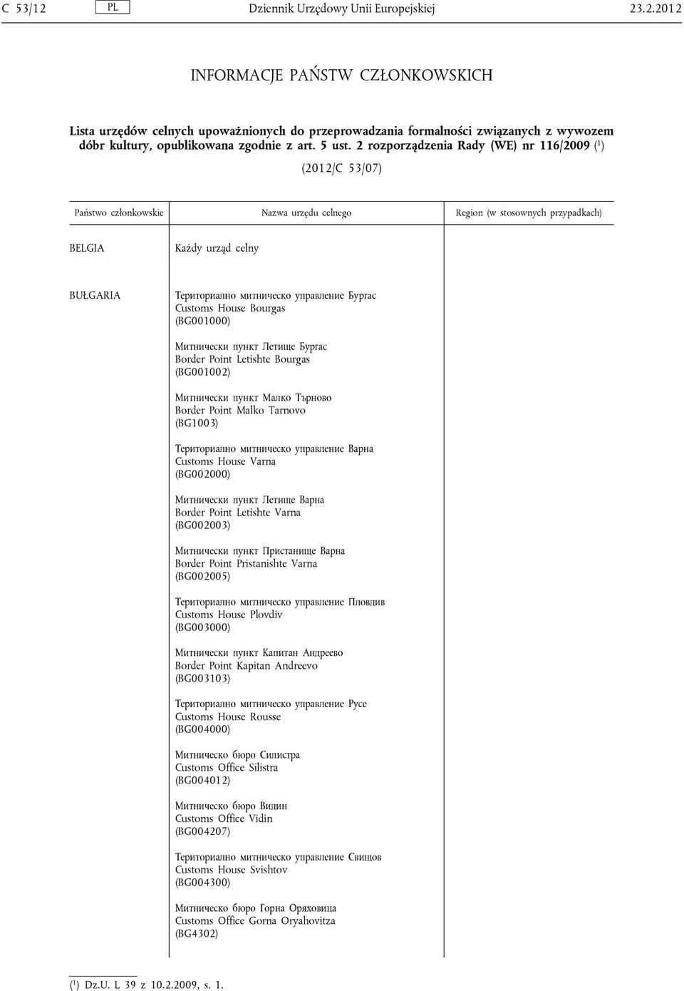 2 rozporządzenia Rady (WE) nr 116/2009 ( 1 ) (2012/C 53/07) BELGIA BUŁGARIA Териториално митническо управление Бургас Customs House Bourgas (BG001000) Митнически пункт Летище Бургас Border Point