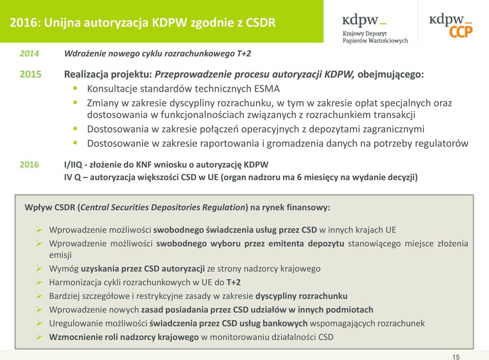 połączeń operacyjnych z depozytami zagranicznymi Dostosowanie w zakresie raportowania i gromadzenia danych na potrzeby regulatorów 2016 I/IIQ - złożenie do KNF wniosku o autoryzację KDPW IV Q