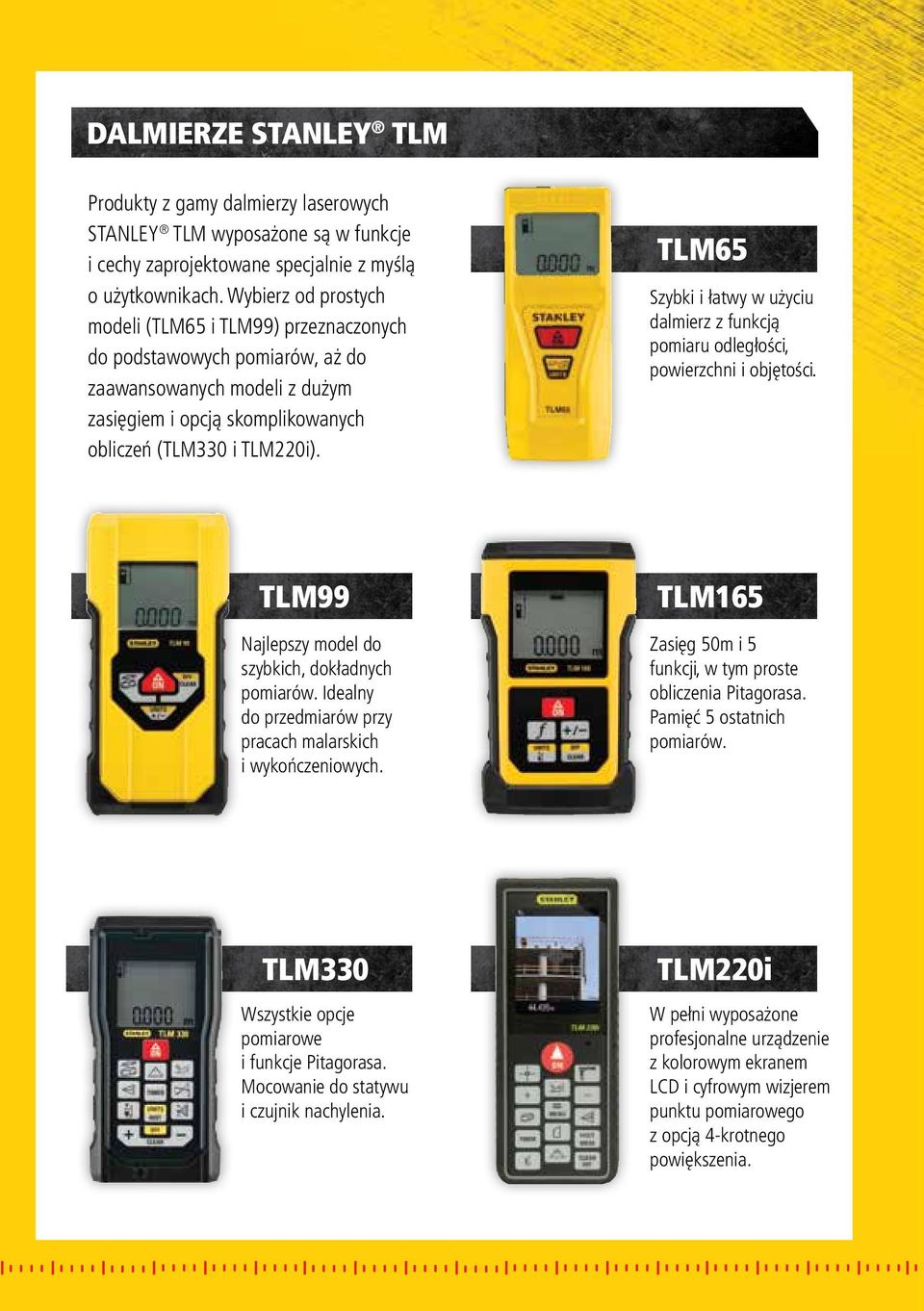TLM65 Szybki i łatwy w użyciu dalmierz z funkcją pomiaru odległości, powierzchni i objętości. TLM99 Najlepszy model do szybkich, dokładnych pomiarów.