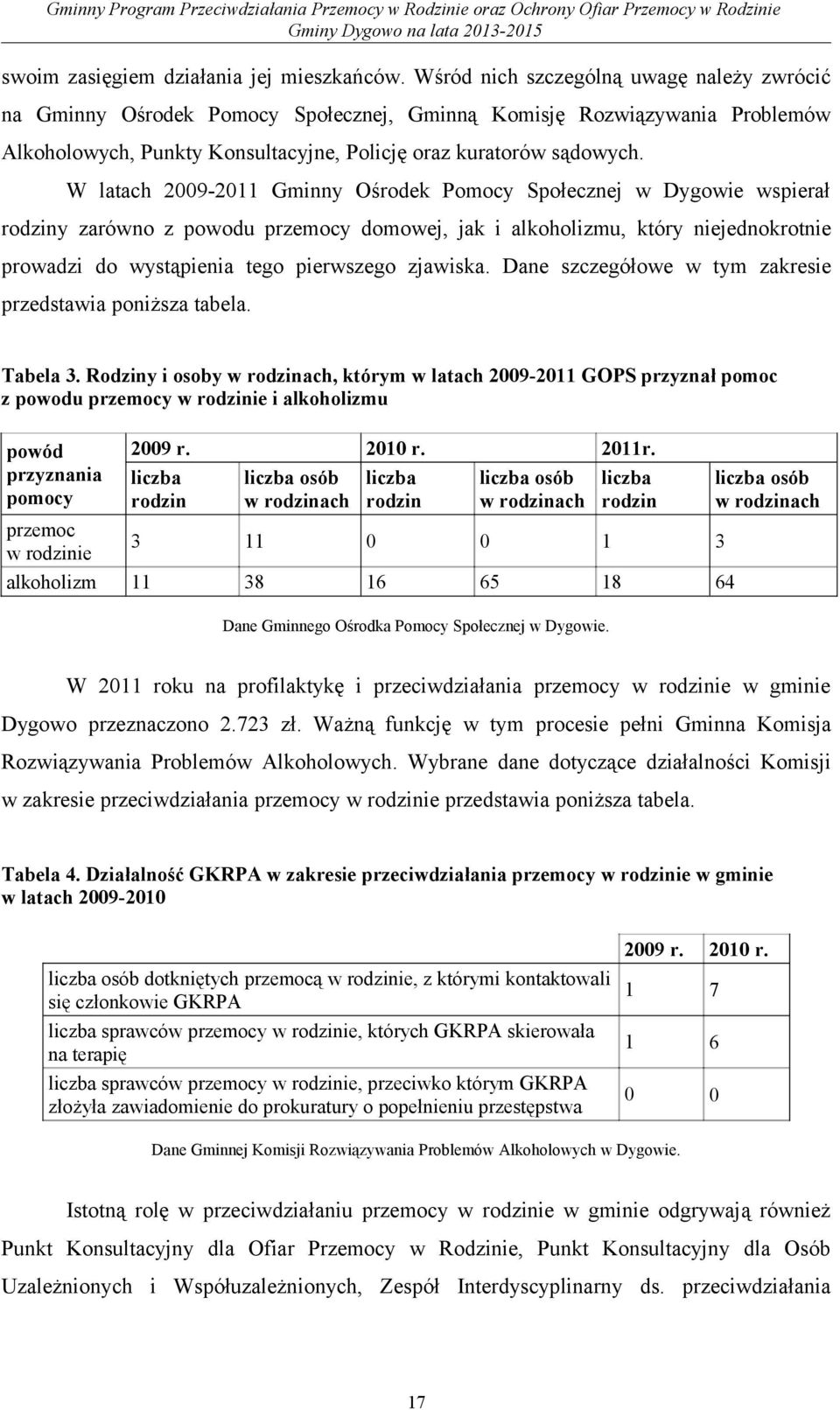 W latach 2009-2011 Gminny Ośrodek Pomocy Społecznej w Dygowie wspierał rodziny zarówno z powodu przemocy domowej, jak i alkoholizmu, który niejednokrotnie prowadzi do wystąpienia tego pierwszego