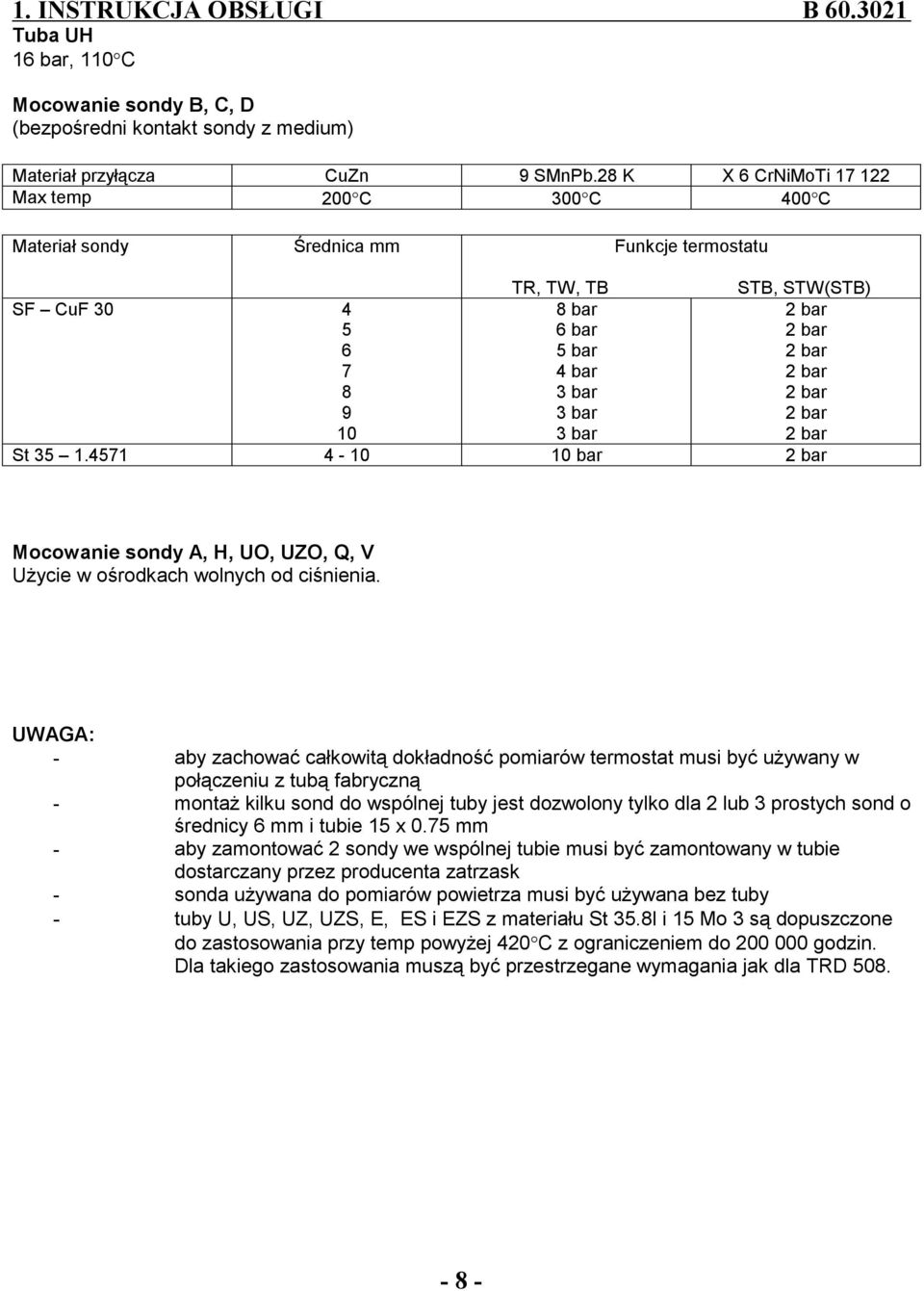 bar 2 bar 2 bar 2 bar 2 bar 2 bar St 35 1.4571 4-10 10 bar 2 bar Mocowanie sondy A, H, UO, UZO, Q, V Użycie w ośrodkach wolnych od ciśnienia.