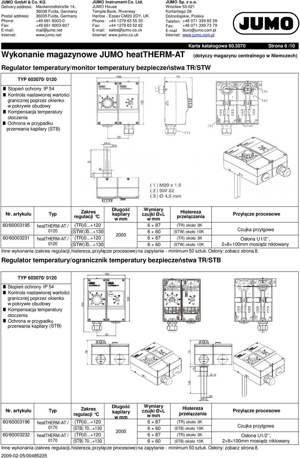 przypadku przerwania (STB) Nr. artykułu Typ Zakres Wymiary czujki Ø L 60/60003195 heattherm-at / (TR) 0...+120 6 87 (TR) około 3K 0120 (STW) 70.