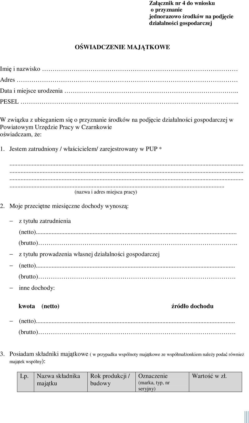 Jestem zatrudniony / właścicielem/ zarejestrowany w PUP *... (nazwa i adres miejsca pracy) 2. Moje przeciętne miesięczne dochody wynoszą: z tytułu zatrudnienia (netto)... (brutto).