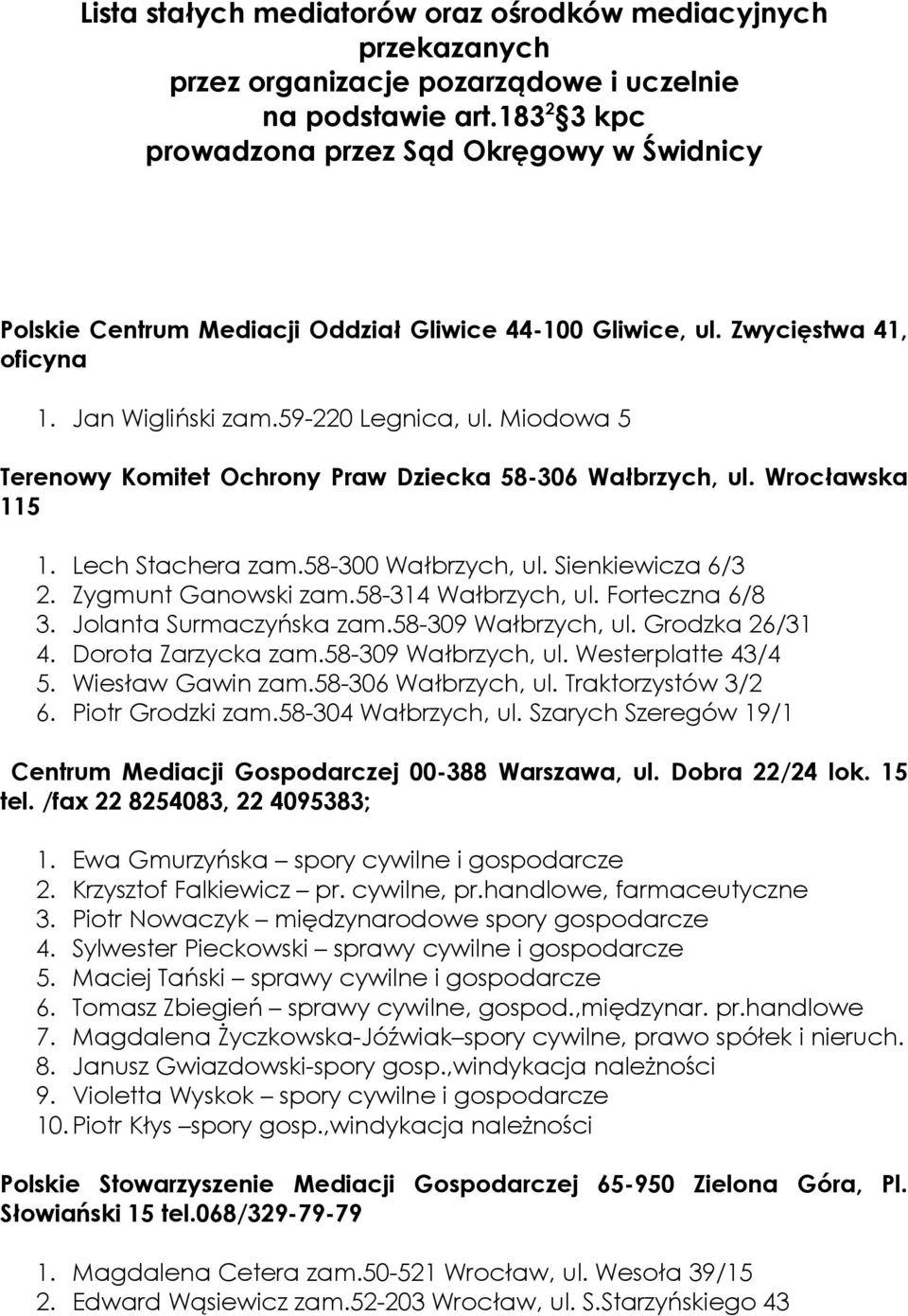 Miodowa 5 Terenowy Komitet Ochrony Praw Dziecka 58-306 Wałbrzych, ul. Wrocławska 115 1. Lech Stachera zam.58-300 Wałbrzych, ul. Sienkiewicza 6/3 2. Zygmunt Ganowski zam.58-314 Wałbrzych, ul.