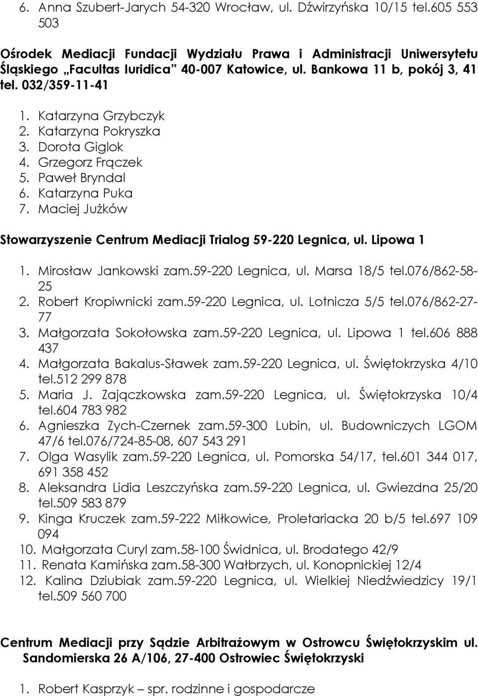 Maciej Jużków Stowarzyszenie Centrum Mediacji Trialog 59-220 Legnica, ul. Lipowa 1 1. Mirosław Jankowski zam.59-220 Legnica, ul. Marsa 18/5 tel.076/862-58- 25 2. Robert Kropiwnicki zam.