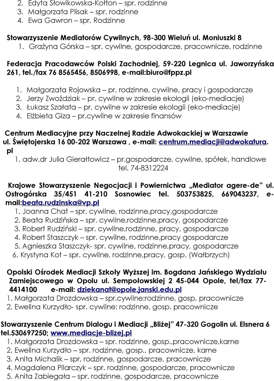 rodzinne, cywilne, pracy i gospodarcze 2. Jerzy Zwoździak pr. cywilne w zakresie ekologii (eko-mediacje) 3. Łukasz Szałata pr. cywilne w zakresie ekologii (eko-mediacje) 4. Elżbieta Giza pr.