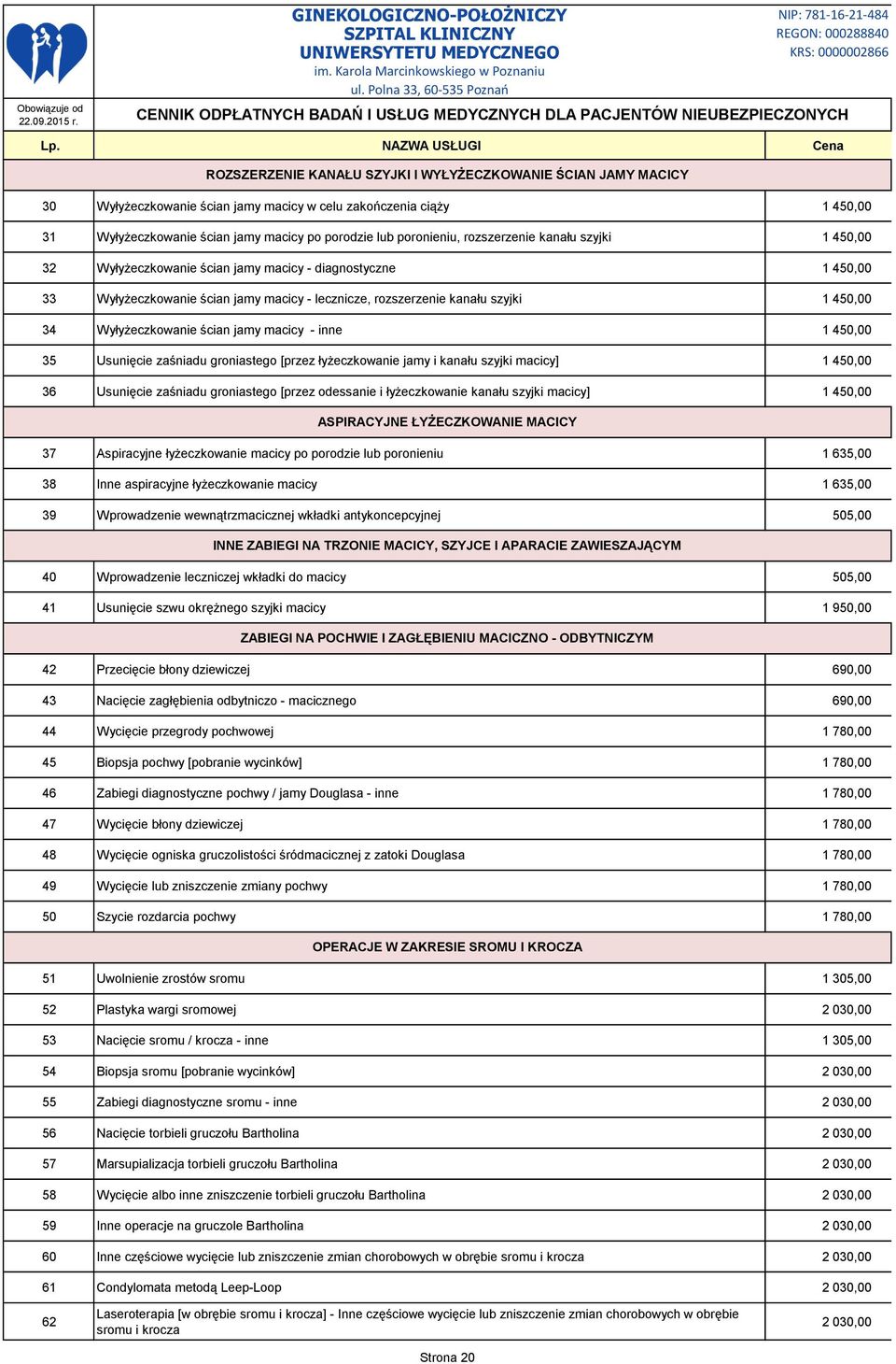 Wyłyżeczkowanie ścian jamy macicy - inne 1 450,00 35 Usunięcie zaśniadu groniastego [przez łyżeczkowanie jamy i kanału szyjki macicy] 1 450,00 36 Usunięcie zaśniadu groniastego [przez odessanie i