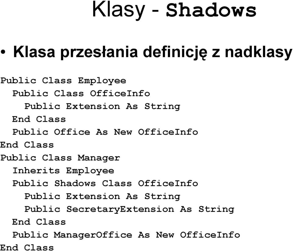 Public Class Manager Inherits Employee Public Shadows Class OfficeInfo Public Extension As