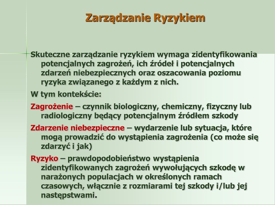 W tym kontekście: Zagrożenie czynnik biologiczny, chemiczny, fizyczny lub radiologiczny będący potencjalnym źródłem szkody Zdarzenie niebezpieczne wydarzenie lub