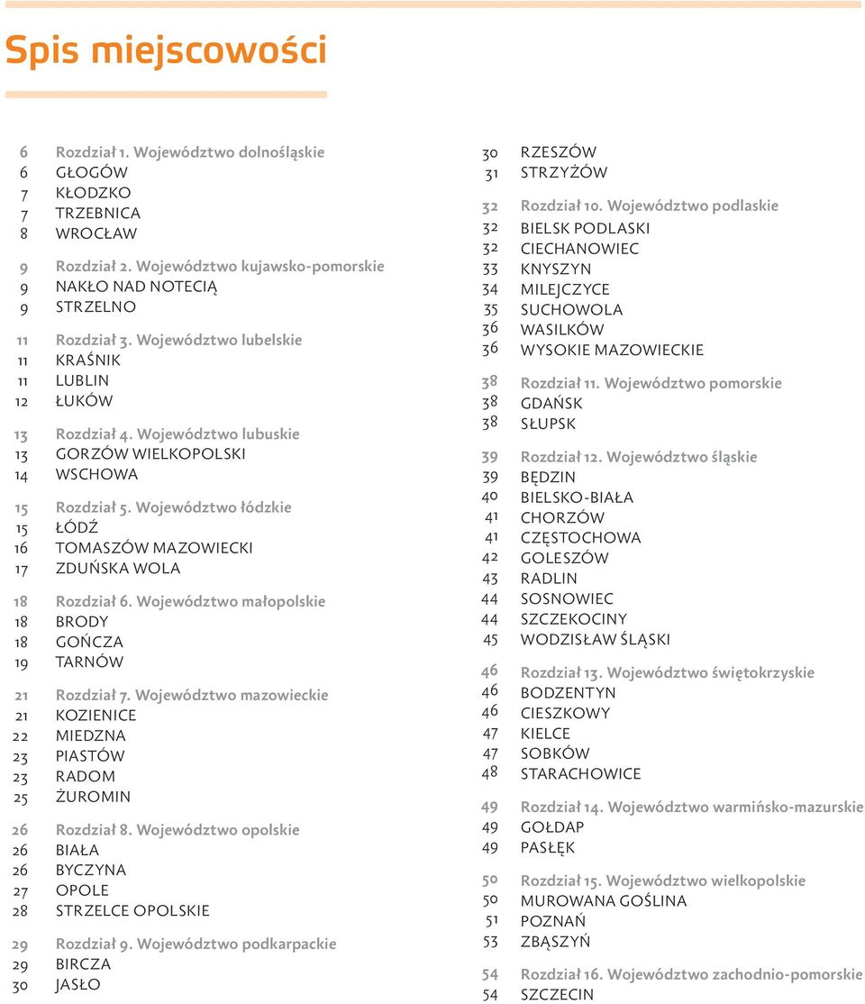 Województwo małopolskie BRODY GOŃCZA TARNÓW Rozdział. Województwo mazowieckie KOZIENICE MIEDZNA PIASTÓW RADOM ŻUROMIN Rozdział. Województwo opolskie BIAŁA BYCZYNA OPOLE STRZELCE OPOLSKIE Rozdział.