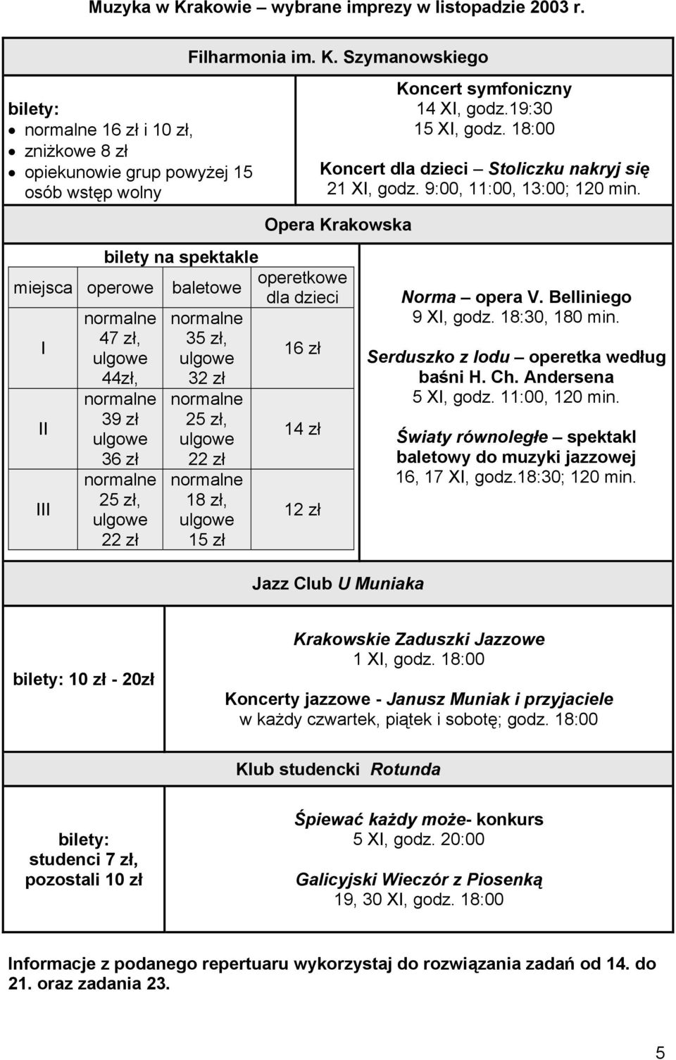 Opera Krakowska miejsca operowe I II III bilety na spektakle 47 zł, 44zł, 39 zł 36 zł 5 zł, zł baletowe 35 zł, 3 zł 5 zł, zł 8 zł, 5 zł operetkowe dla dzieci 6 zł 4 zł zł orma opera V.