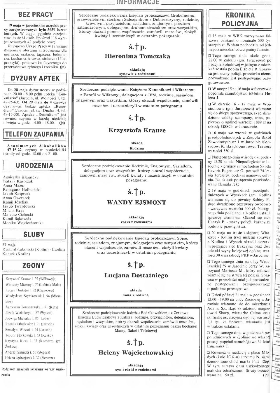 rybnego i rzeźnika. (jn) DYŻURY APTEK Do 28 maja dyżur nocny w godzinach 20.00-8.00 pełni apteka Convallaria (Jarocin, ul. Wolności 7, tcl. 47-25-63).