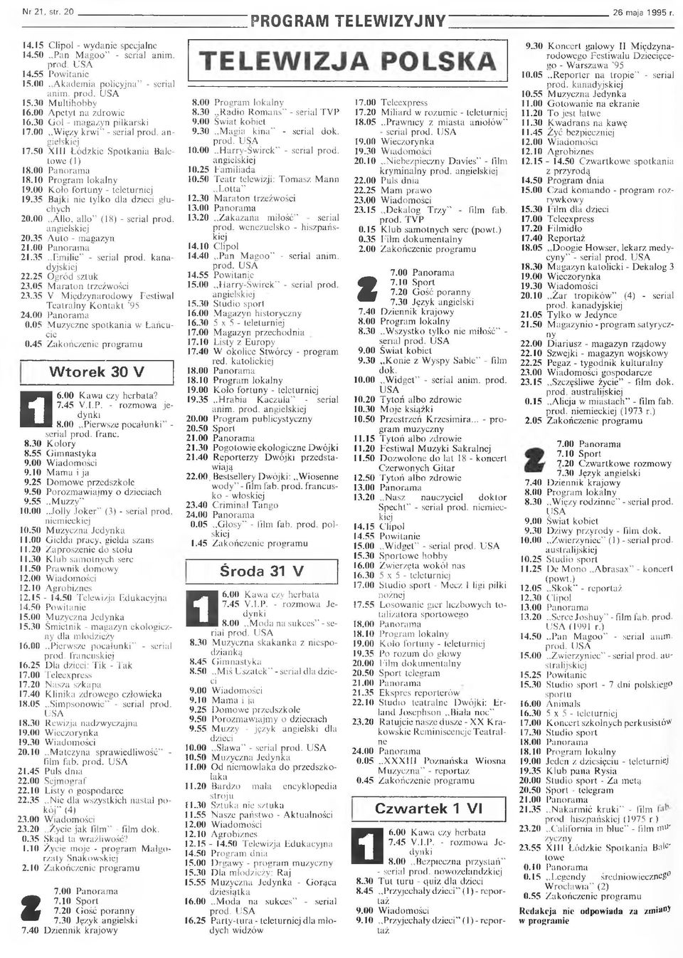 00 Koło fortuny - teleturniej 19.35 Bajki nie tylko dla dzieci głuchych 20.00 Allo, allo (18) - serial prod. angielskiej 20.35 Auto - magazyn 21.00 Panorama 21.35 Emilie1' - serial prod.