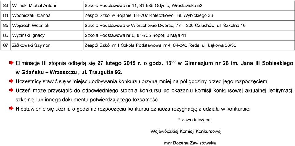 Szkolna 16 86 Wyziński Ignacy Szkoła Podstawowa nr 8, 81-735 Sopot, 3 Maja 41 87 Ziółkowski Szymon Zespół Szkół nr 1 Szkoła Podstawowa nr 4, 84-240 Reda, ul.