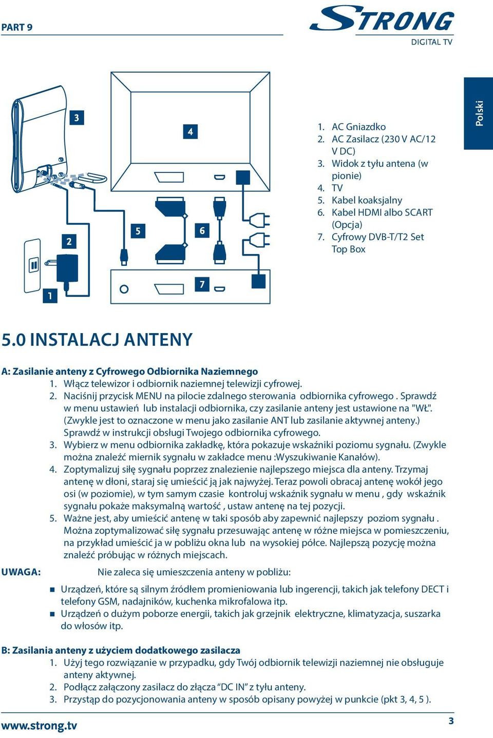 Naciśnij przycisk MENU na pilocie zdalnego sterowania odbiornika cyfrowego. Sprawdź w menu ustawień lub instalacji odbiornika, czy zasilanie anteny jest ustawione na "WŁ".