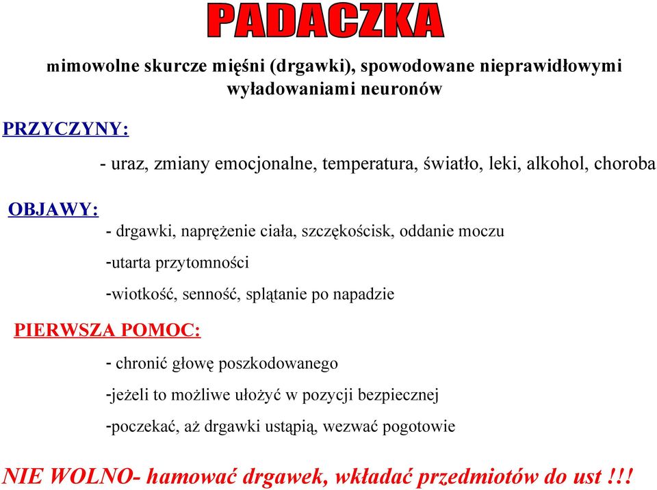 -utarta przytomności -wiotkość, senność, splątanie po napadzie PIERWSZA POMOC: - chronić głowę poszkodowanego -jeżeli to