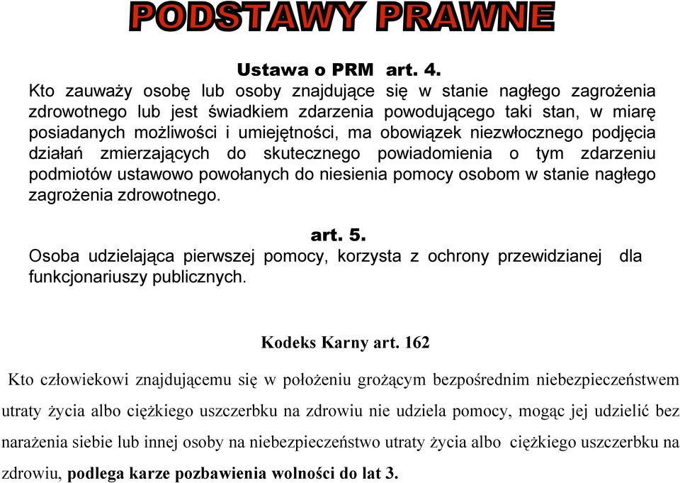 niezwłocznego podjęcia działań zmierzających do skutecznego powiadomienia o tym zdarzeniu podmiotów ustawowo powołanych do niesienia pomocy osobom w stanie nagłego zagrożenia zdrowotnego. art. 5.