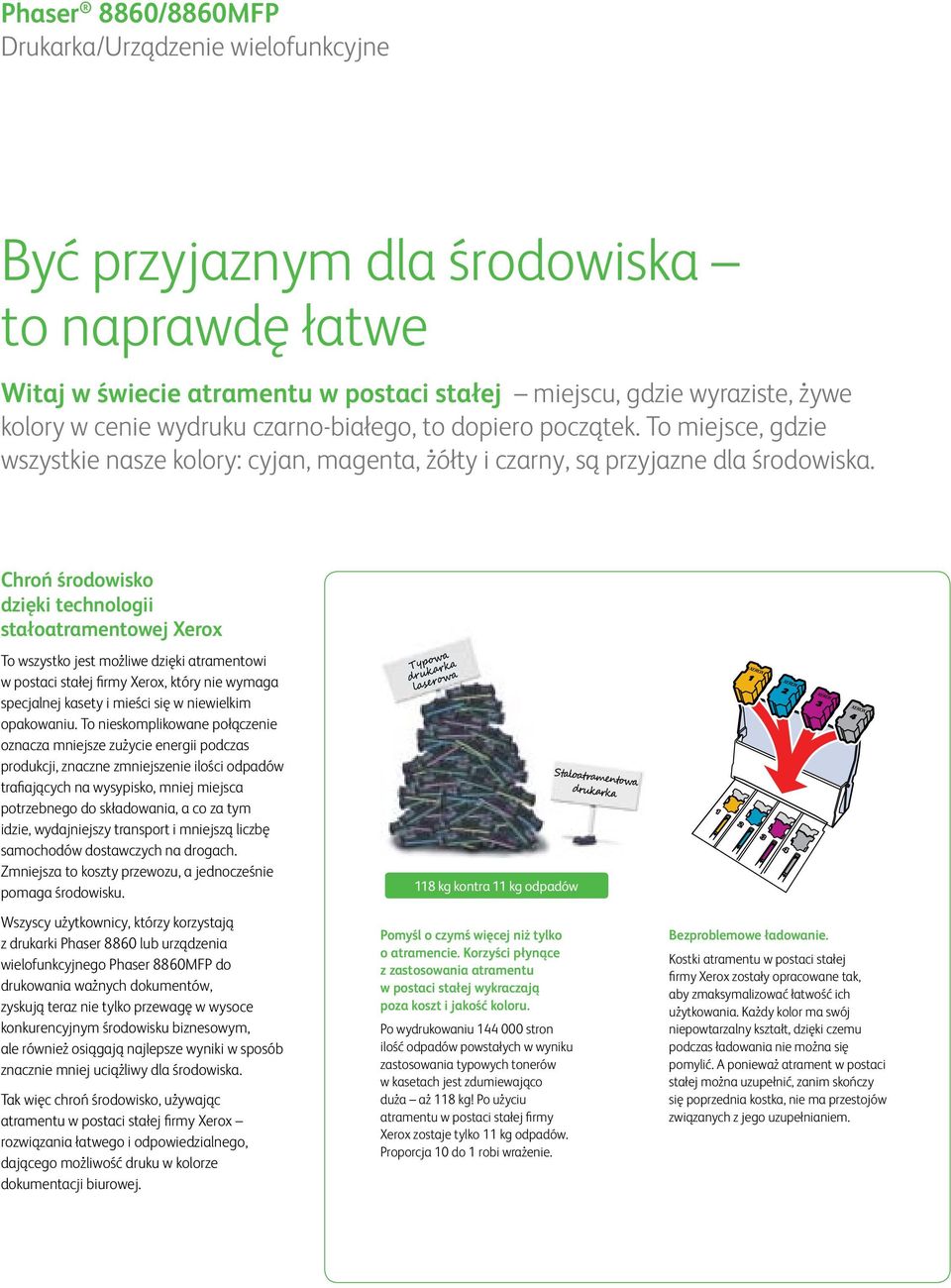 Chroń środowisko dzięki technologii stałoatramentowej Xerox To wszystko jest możliwe dzięki atramentowi w postaci stałej firmy Xerox, który nie wymaga specjalnej kasety i mieści się w niewielkim