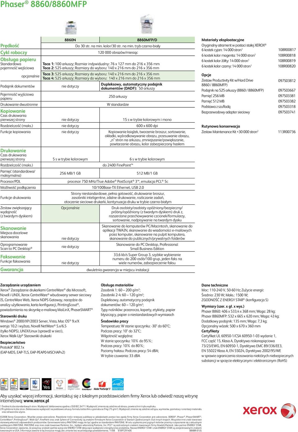 tryb czarno-biały 120 000 obrazów/miesiąc Taca 1: 100 arkuszy; Rozmiar indywidualny: 76 x 127 mm do 216 x 356 mm Taca 2: 525 arkuszy; Rozmiary do wyboru: 140 x 216 mm do 216 x 356 mm Taca 3: 525