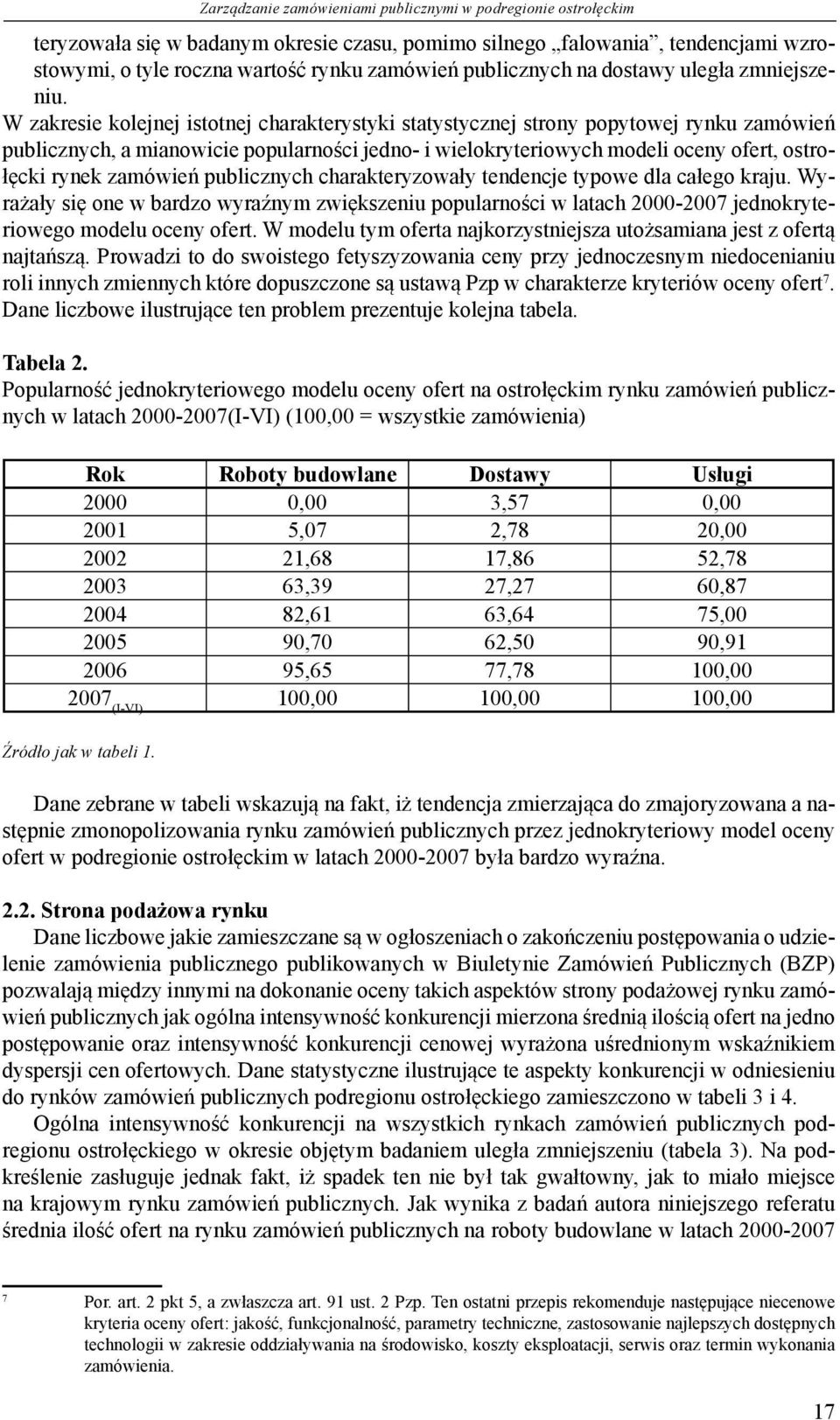 W zakresie kolejnej istotnej charakterystyki statystycznej strony popytowej rynku zamówień publicznych, a mianowicie popularności jedno- i wielokryteriowych modeli oceny ofert, ostrołęcki rynek