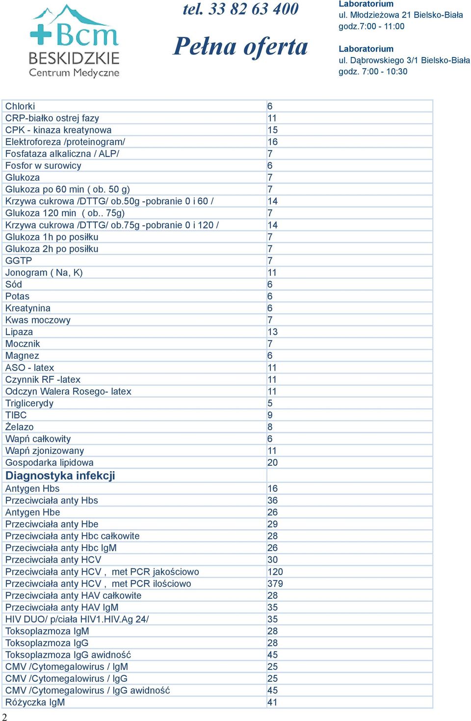 75g -pobranie 0 i 120 / 14 Glukoza 1h po posiłku 7 Glukoza 2h po posiłku 7 GGTP 7 Jonogram ( Na, K) 11 Sód 6 Potas 6 Kreatynina 6 Kwas moczowy 7 Lipaza 13 Mocznik 7 Magnez 6 ASO - latex 11 Czynnik RF