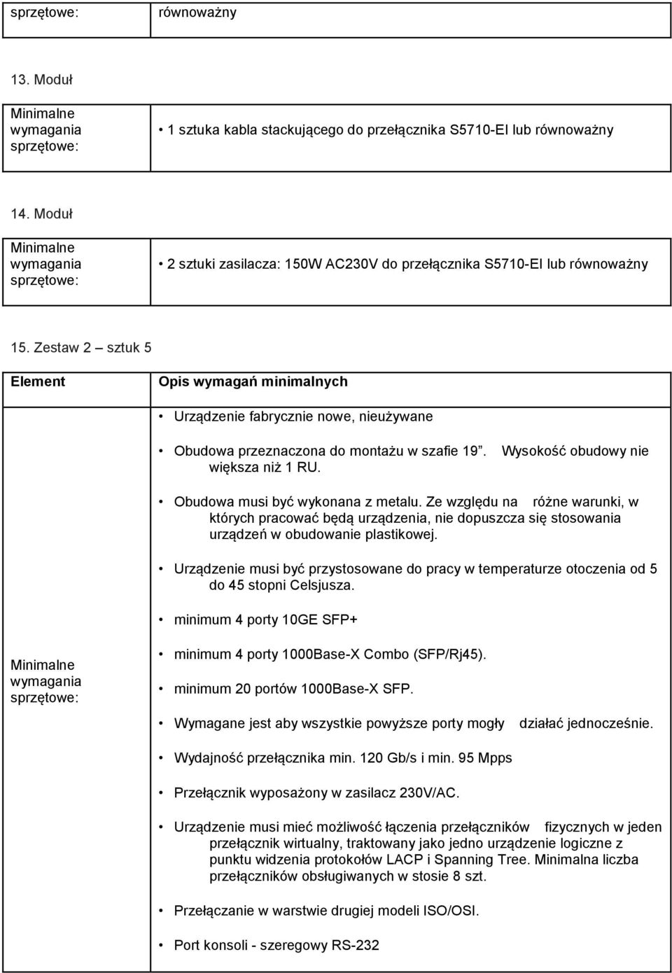 Obudowa musi być wykonana z metalu. Ze względu na różne warunki, w których pracować będą urządzenia, nie dopuszcza się stosowania urządzeń w obudowanie plastikowej.