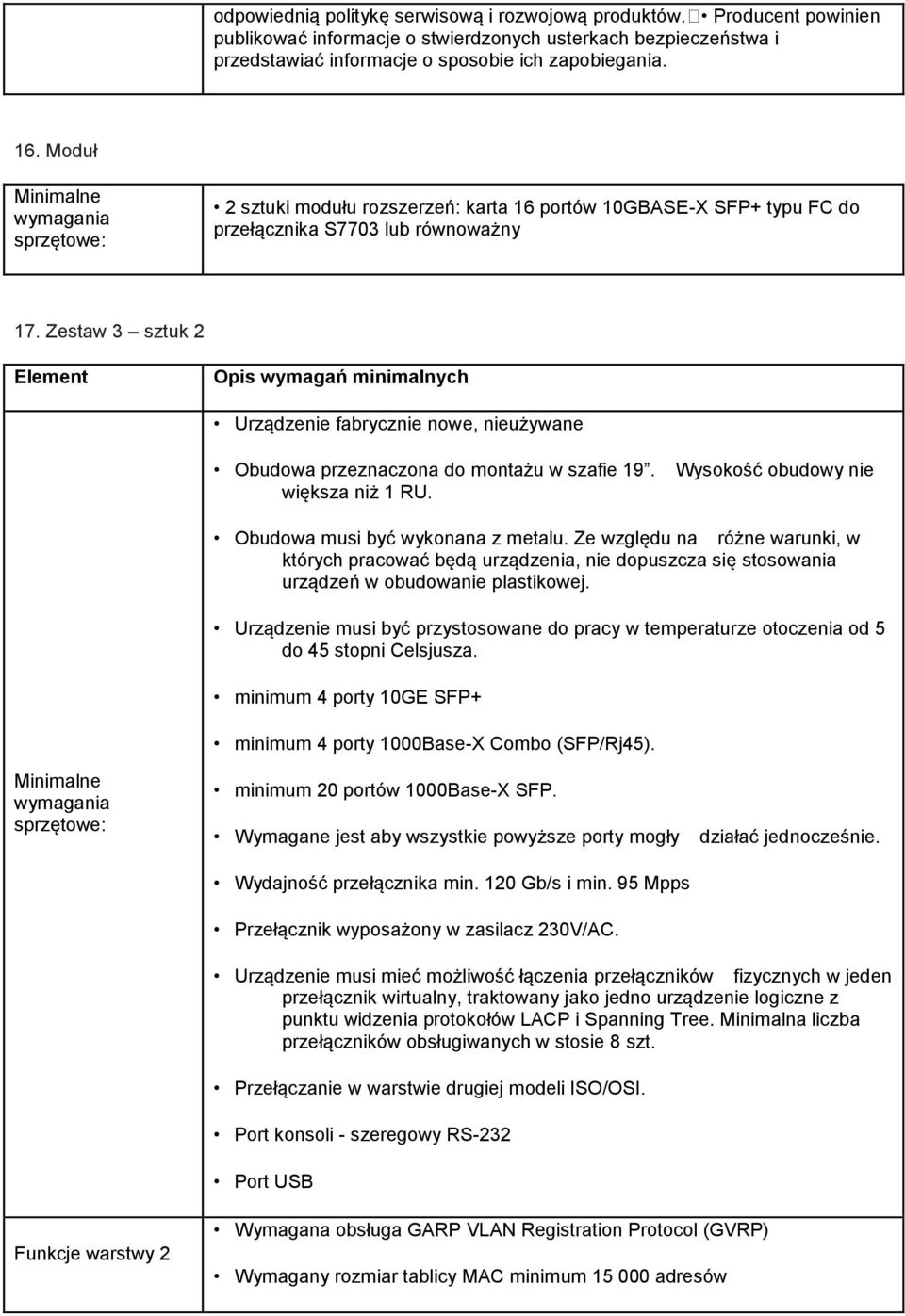 Zestaw 3 sztuk 2 Element Opis wymagań minimalnych Urządzenie fabrycznie nowe, nieużywane Obudowa przeznaczona do montażu w szafie 19. Wysokość obudowy nie większa niż 1 RU.