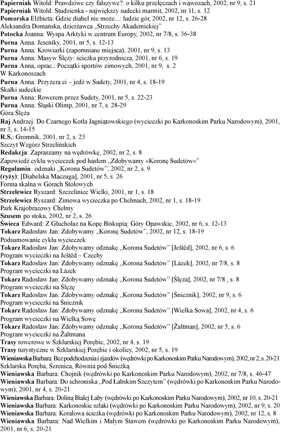 36-38 Purna Anna: Jeseníky, 2001, nr 5, s. 12-13 Purna Anna: Krowiarki (zapomniane miejsca), 2001, nr 9, s. 13 Purna Anna: Masyw Ślęży: ścieżka przyrodnicza, 2001, nr 6, s. 19 Purna Anna, oprac.