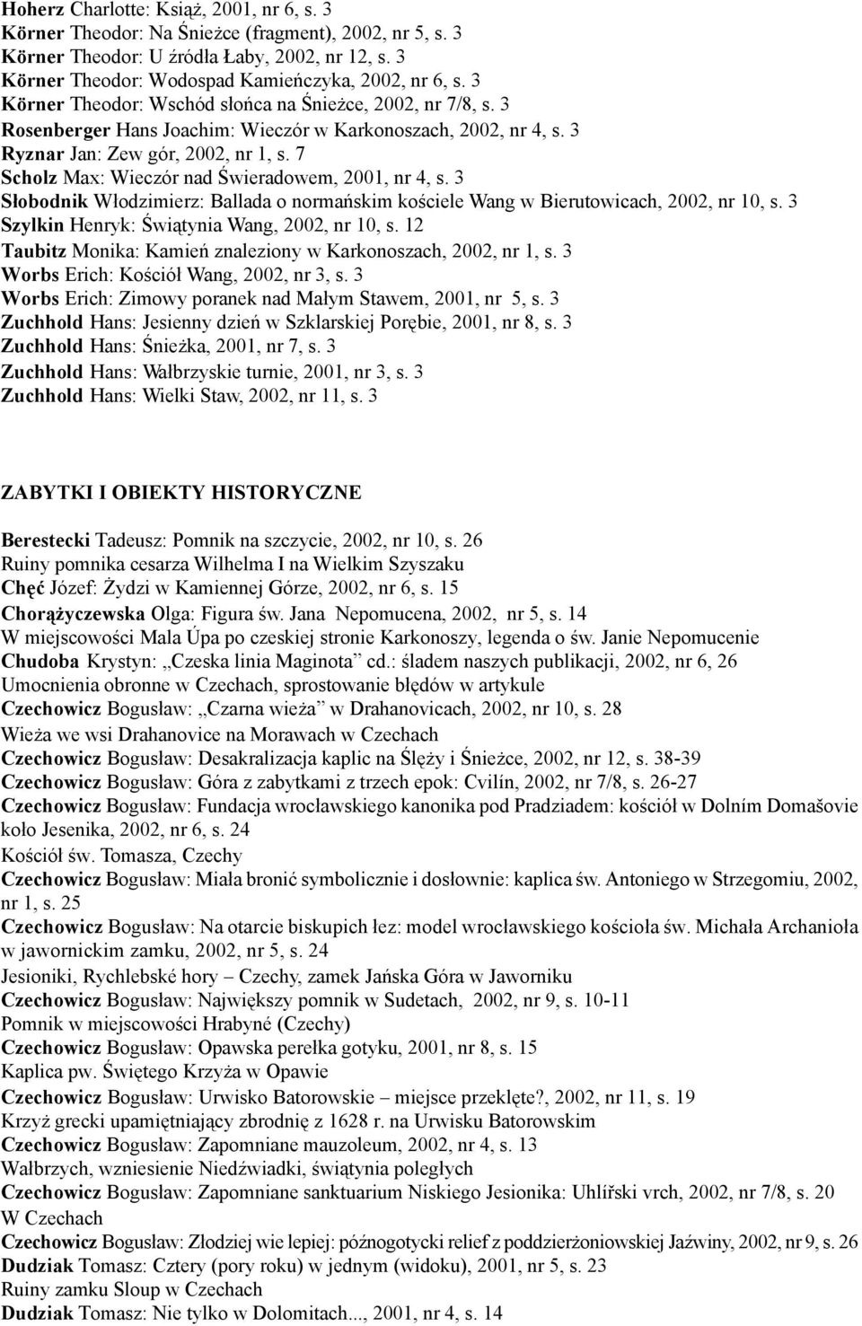 7 Scholz Max: Wieczór nad Świeradowem, 2001, nr 4, s. 3 Słobodnik Włodzimierz: Ballada o normańskim kościele Wang w Bierutowicach, 2002, nr 10, s. 3 Szylkin Henryk: Świątynia Wang, 2002, nr 10, s.