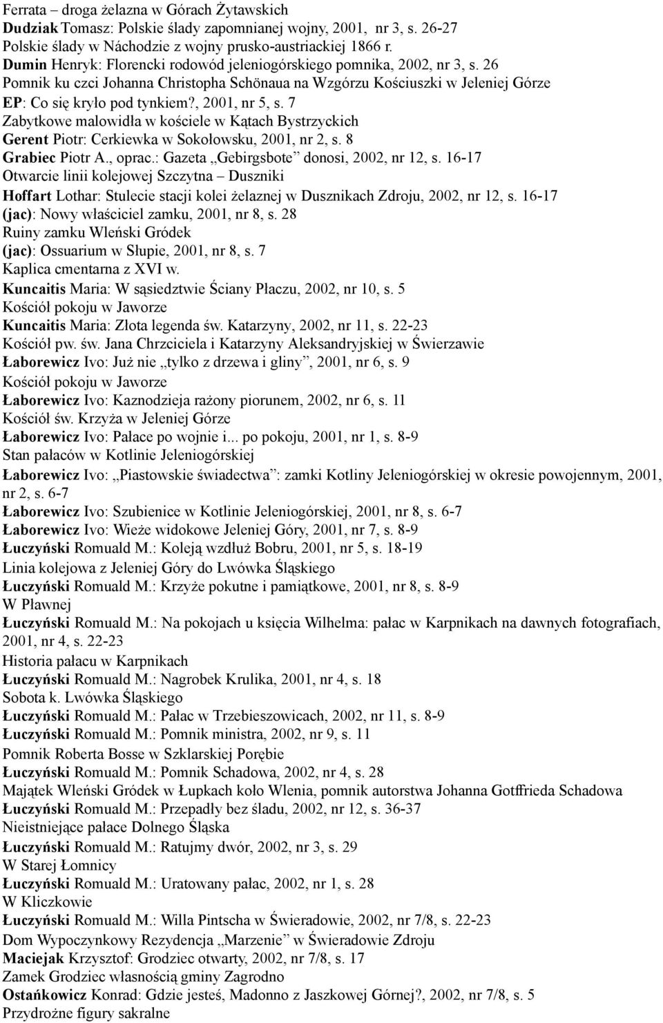 , 2001, nr 5, s. 7 Zabytkowe malowidła w kościele w Kątach Bystrzyckich Gerent Piotr: Cerkiewka w Sokołowsku, 2001, nr 2, s. 8 Grabiec Piotr A., oprac.: Gazeta Gebirgsbote donosi, 2002, nr 12, s.