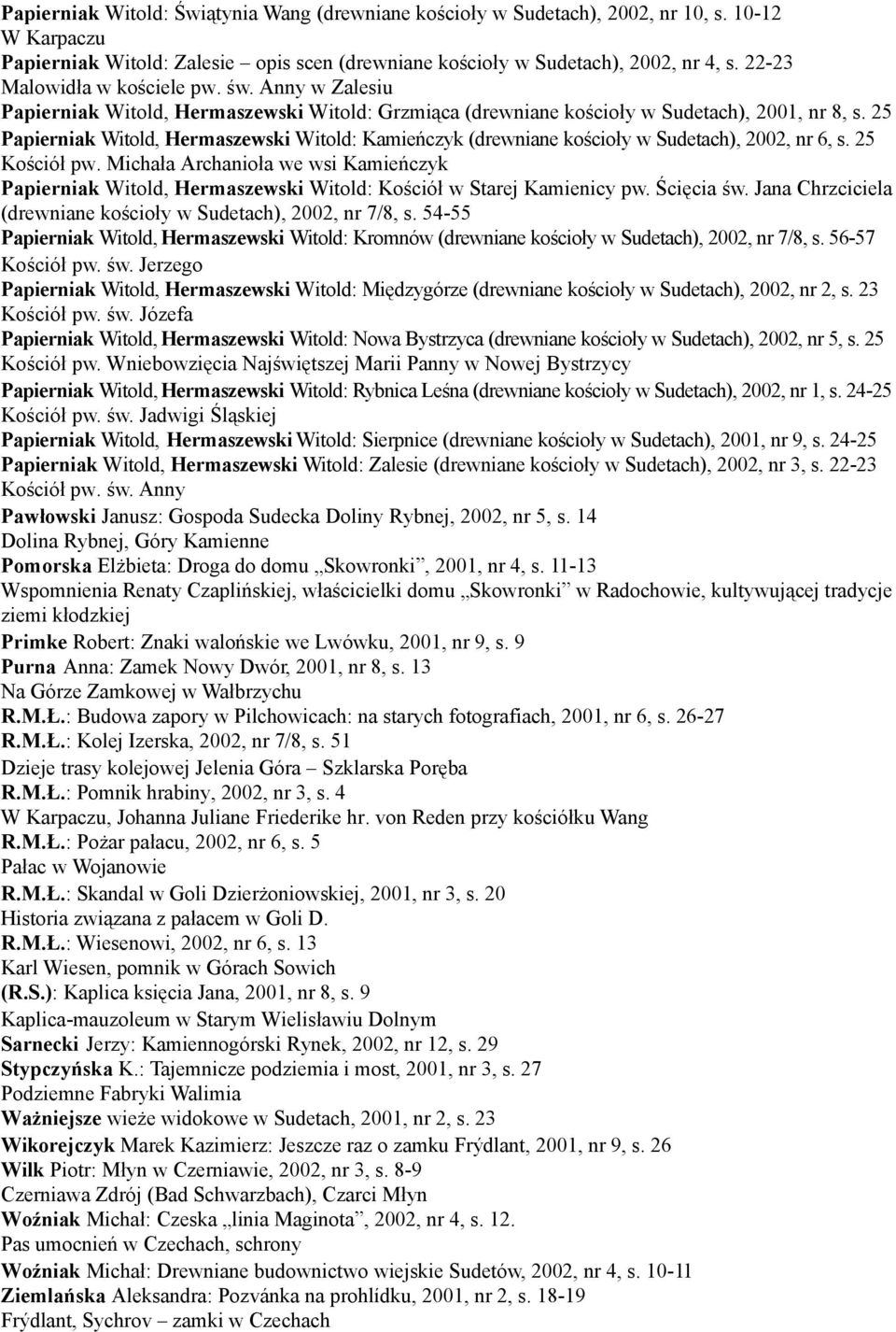 25 Papierniak Witold, Hermaszewski Witold: Kamieńczyk (drewniane kościoły w Sudetach), 2002, nr 6, s. 25 Kościół pw.