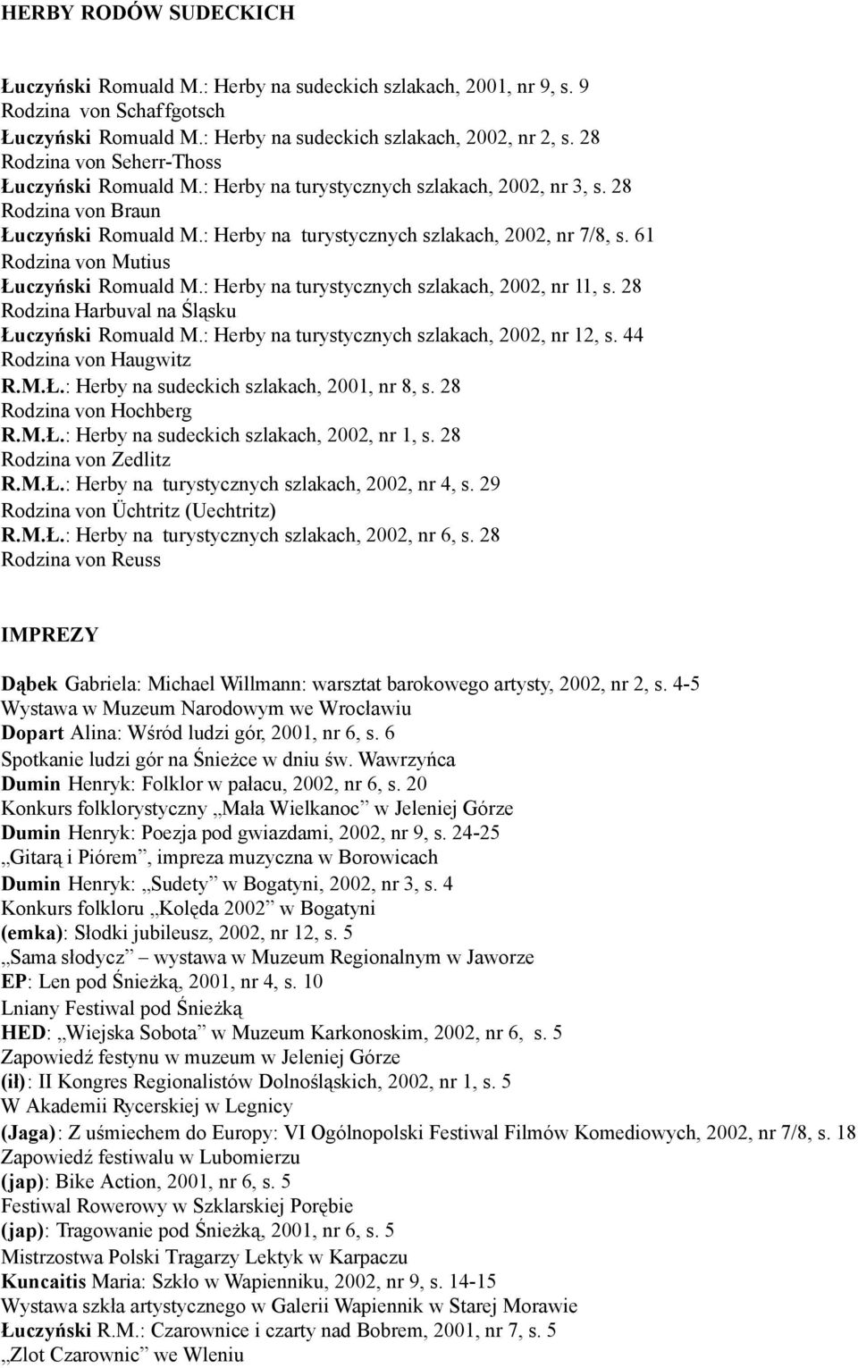 61 Rodzina von Mutius Łuczyński Romuald M.: Herby na turystycznych szlakach, 2002, nr 11, s. 28 Rodzina Harbuval na Śląsku Łuczyński Romuald M.: Herby na turystycznych szlakach, 2002, nr 12, s.