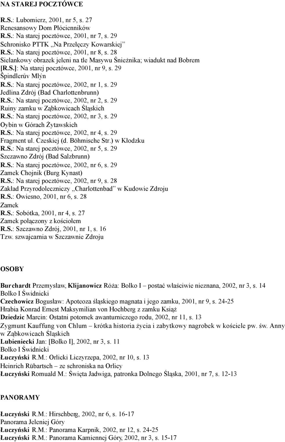 29 Jedlina Zdrój (Bad Charlottenbrunn) R.S.: Na starej pocztówce, 2002, nr 2, s. 29 Ruiny zamku w Ząbkowicach Śląskich R.S.: Na starej pocztówce, 2002, nr 3, s. 29 Oybin w Górach Żytawskich R.S.: Na starej pocztówce, 2002, nr 4, s.