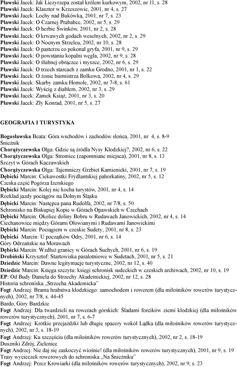 29 Pławski Jacek: O Nocnym Strzelcu, 2002, nr 10, s. 28 Pławski Jacek: O pasterzu co pokonał gryfa, 2001, nr 9, s. 29 Pławski Jacek: O powstaniu kopalni węgla, 2002, nr 9, s.