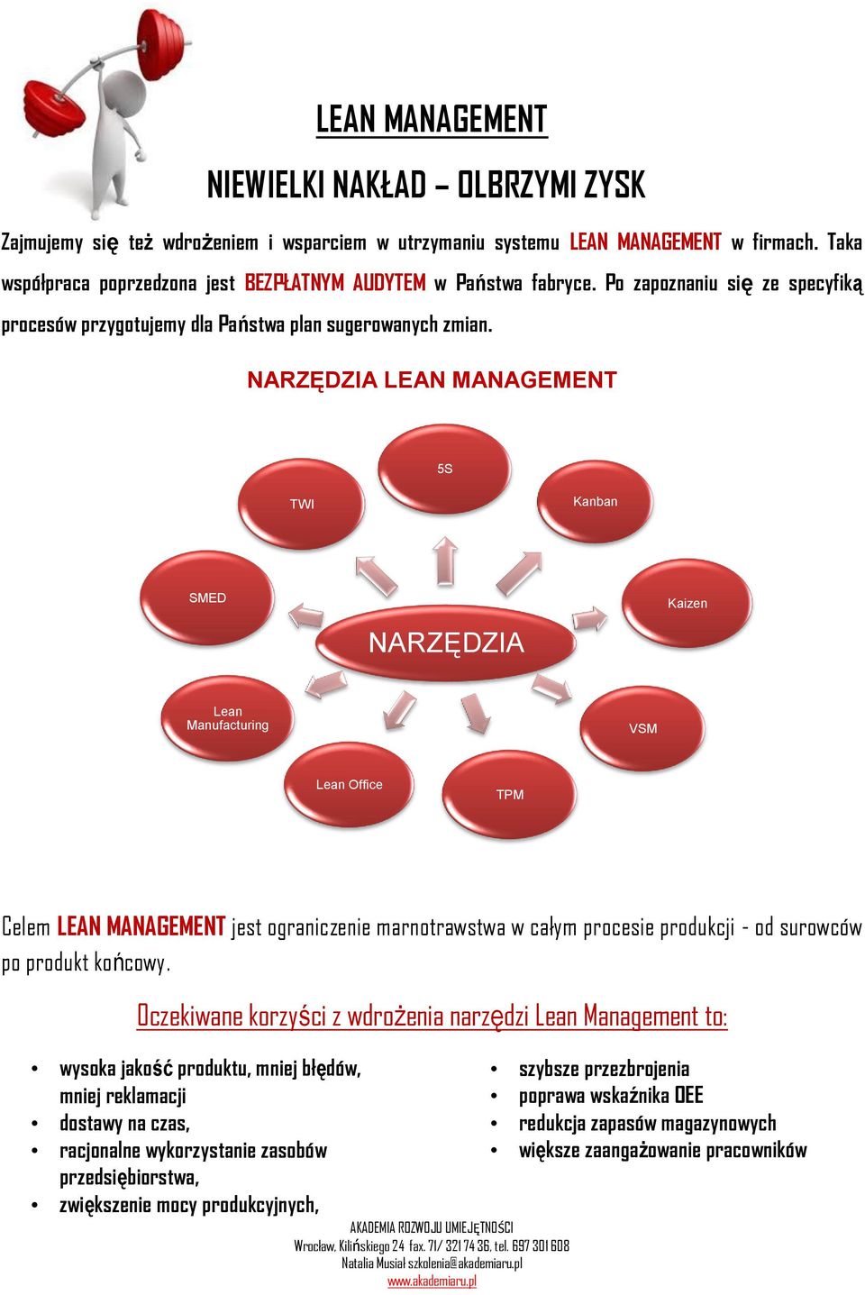 NARZĘDZIA LEAN MANAGEMENT 5S TWI Kanban SMED NARZĘDZIA Kaizen Lean Manufacturing VSM Lean Office TPM Celem LEAN MANAGEMENT jest ograniczenie marnotrawstwa w całym procesie produkcji - od surowców po